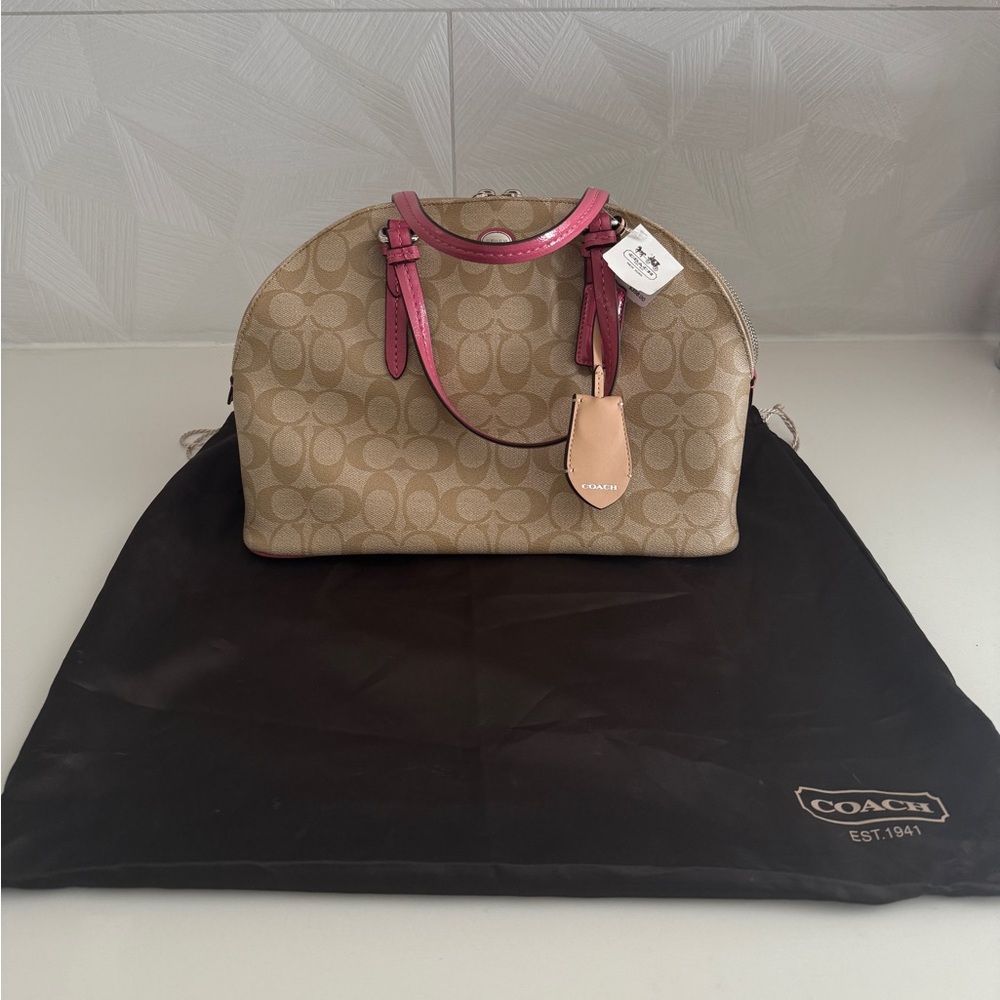 Coach Peyton Signature Cora Domed Tan & Pink Satchel (NEW)